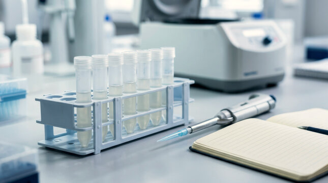 Clinical genetics lab close-up of an anonymized saliva tube rack, a pipette, and a blank laboratory notebook beside a blurred centrifuge; sterile lighting, precise textures, shallow depth of field