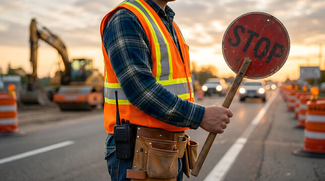 Construction worker holding stop sign at road work site with excavator and traffic in background at sunset wearing safety vest and plaid shirt while managing highway lane closure.