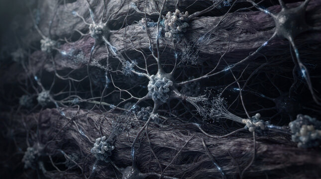 Neural cross-section with tangled protein aggregates accumulating in a network of brain tissue, revealing propagation routes through connected cells, damaged microtubules.