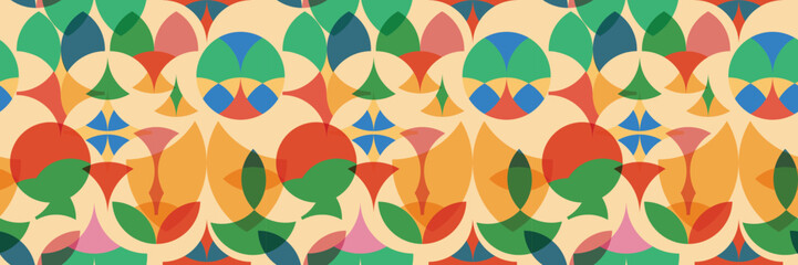 Abstract geometric seamless pattern with colorful overlapping circles and shapes, mid century modern style backdrop for textile, wallpaper, and packaging design © NVivid