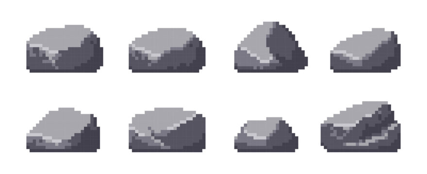 Set of pixel art stones isolated on white background. Different shapes of grey rocks for game level design. Digital asset for 2D retro style platformer game development and environment.