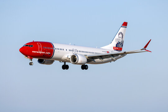Luqa, Malta - July 8, 2026: Norwegian Air Sweden Boeing 737-8 MAX (REG: SE-RTH) sporting a portrait of "Minna Canth" on the fin.
