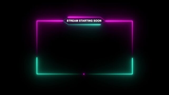 Glowing vibrant neon text display on dark background, stream starting soon animation for live videos and gaming intros. streaming and broadcasting social media motion design element