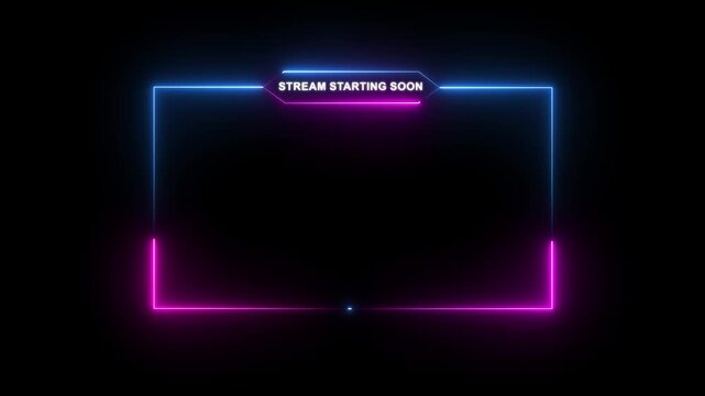 Glowing vibrant neon text display on dark background, stream starting soon animation for live videos and gaming intros. streaming and broadcasting social media motion design element