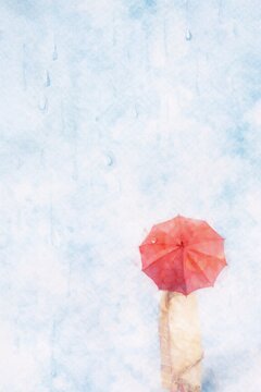 Red Umbrella in Gentle Rain Watercolor Minimalist Background with Soft Blue Sky