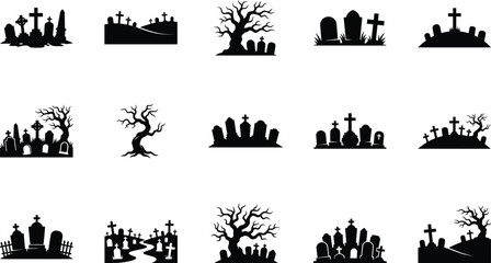 Obraz premium Halloween cemetery silhouettes spooky graveyard icons for decoration and design