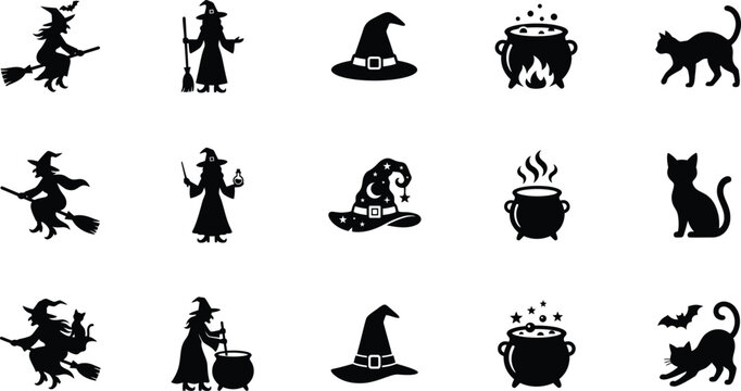 Halloween witchcraft icons set broomsticks cats cauldrons and witch hats for spooky seasonal designs