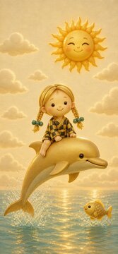 Cute Little Girl Riding a Happy Dolphin Under a Smiling Sun
