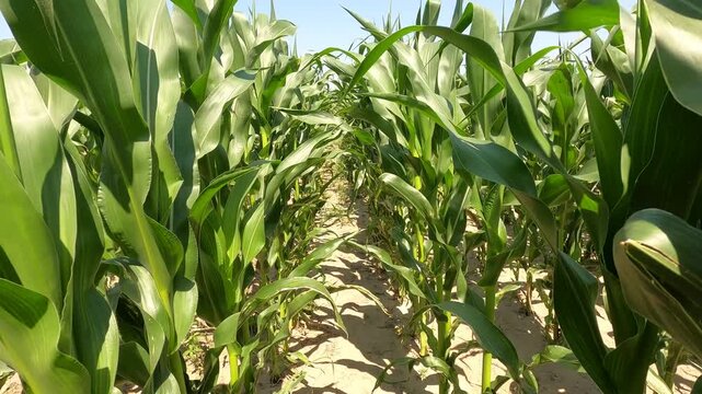 Corn plants in a cornfield in the summer.