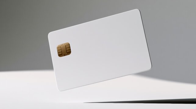 A blank plastic credit card with a gold chip is floating above a light gray surface in a studio. The lighting is soft and diffused.