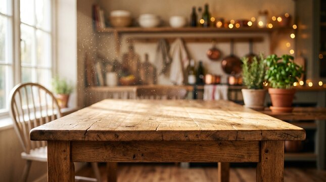 Rustic textured wooden dining table bathed in soft golden sunlight
