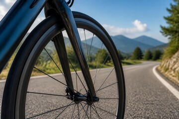 Fototapeta premium Bicycle wheel riding along winding mountain road with asphalt