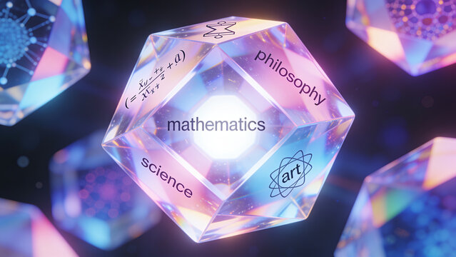 Faceted prismatic crystal in abstract style in cool glowing colors representing knowledge domains and interdisciplinary ideas