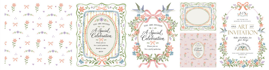 Naklejka premium Floral invitation, seamless pattern and card on a transparent background. Classic vintage vector illustration: baroque frame, aesthetic elements, flowers, vignette, wreath, elegant pattern, delicate d