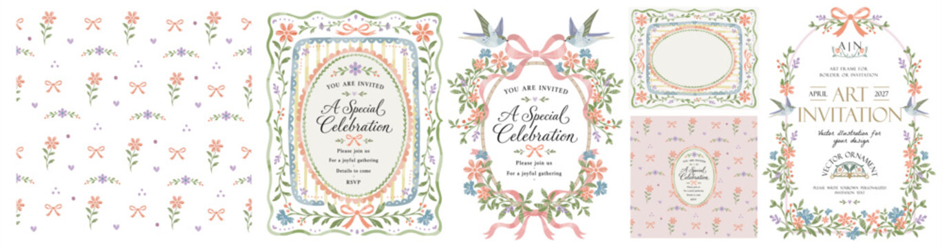 Floral invitation, seamless pattern and card on a transparent background. Classic vintage vector illustration: baroque frame, aesthetic elements, flowers, vignette, wreath, elegant pattern, delicate d