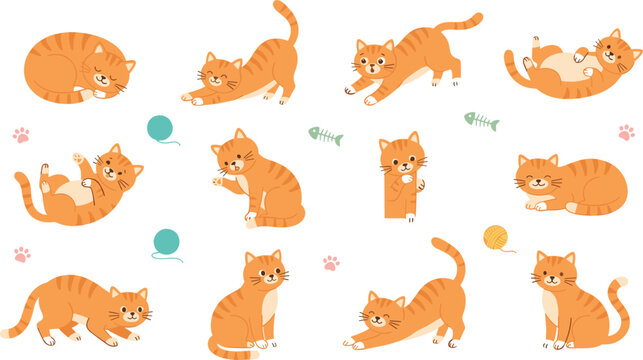 Cute Cartoon Ginger Tabby Cat Vector Illustration Character Set in Various Poses for Children Stationery Planner Stickers and Nursery Wall Art Designs
