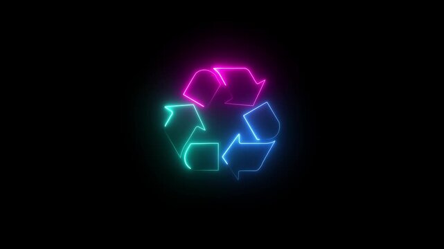 symbol on black background. Glowing looping icon recycling symbol neon effect. Glowing looping 3arrow icon recycling symbol neon effect, Glowing looping 3arrow icon recycling symbol neon