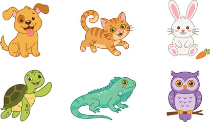 Obraz premium Cute Cartoon Domestic Pets and Small Animals Vector Illustration Character Set with Puppy, Kitten, Bunny, Turtle, Iguana, and Owl for Kids Nursery Clipart