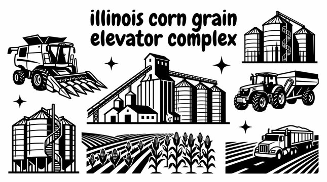 productive illinois corn farming complex featuring expansive cornfields grain elevators harvesting machinery storage silos agricultural roads and modern farming infrastructure creating a leading