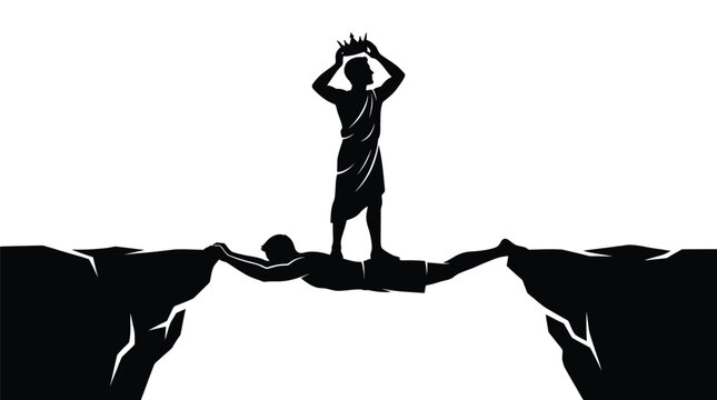A black and white vector illustration depicting a king standing atop a human bridge formation