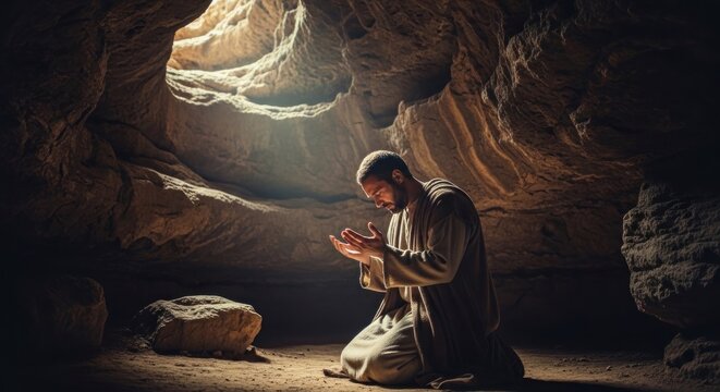 Man Kneeling in Prayer Inside a Sunlit Cave.