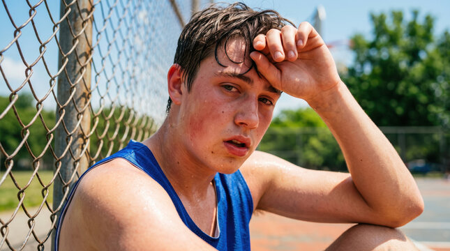 Young athlete resting after intense basketball practice under hot sun. Sweaty teen in blue jersey wipes forehead while sitting on court.