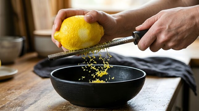 Close up view of chef zesting lemon zest into bowl using grater
