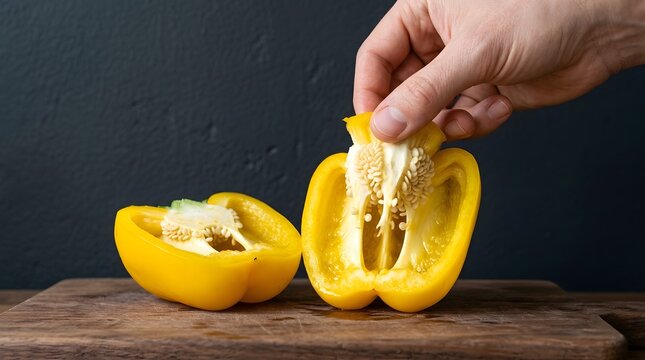 Person deseeded yellow bell pepper on wooden cutting board
