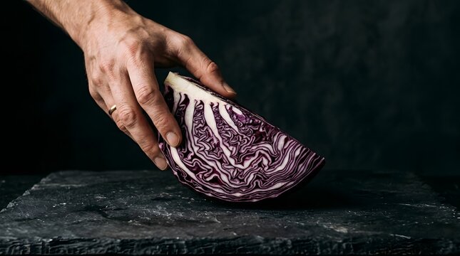 Close up view of human hand reaching for cut red cabbage segment