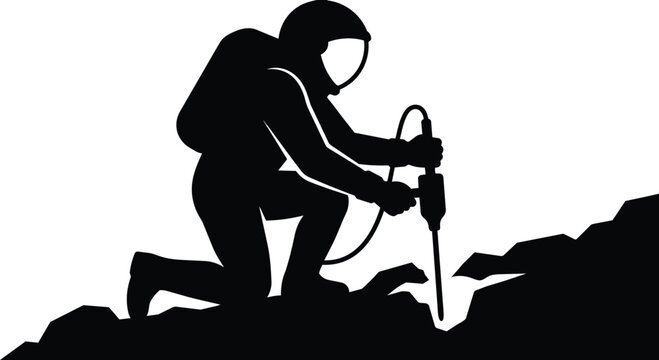 Astronaut mining on a rocky planet surface silhouette