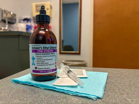 Louisville, KY   - July, 8, 2026/USA: A bottle of gebauer's ethyl chloride topical anesthetic spray in a doctors office