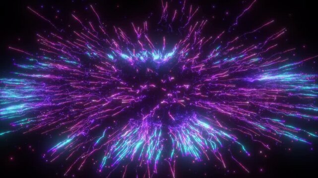 4K Purple Radial Particle Explosion on Black Background. Neon Energy Rays, Glowing Burst Effect, Motion Graphics Overlay, Logo Reveal Animation, 60 FPS, 2160p