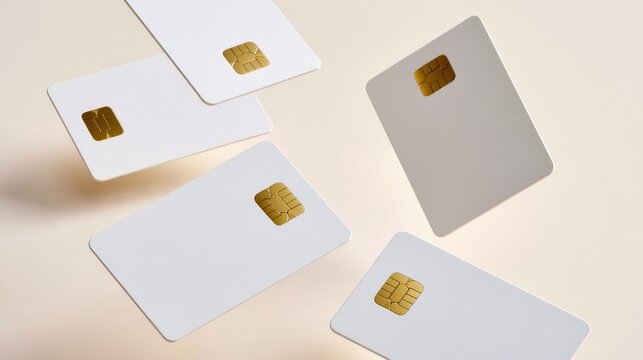 White payment cards with golden EMV chips are arranged in a floating composition over a neutral backdrop showcasing a minimal design style.