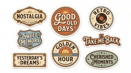 Obraz premium Set of vintage nostalgic stickers and badges with retro typography and warm tones, perfect for scrapbooking, branding, and creative graphic design projects.