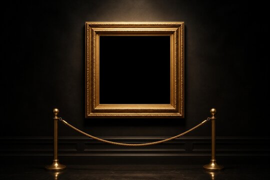 Empty gold frame displayed behind rope barrier in gallery