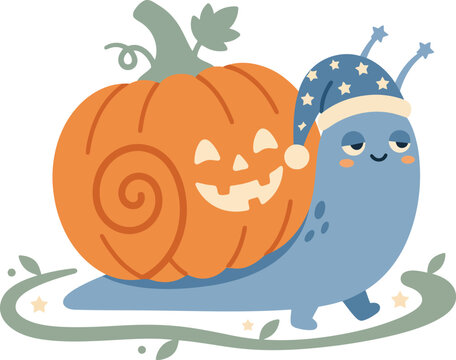 Adorable Sleepy Snail Wearing Nightcap Carrying Jack-o-lantern Pumpkin