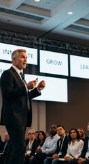 Obraz premium Confident business speaker presenting on stage with 'Innovate, Grow, Lead' LED screens behind him to an attentive audience.