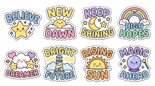 Collection of eight cute kawaii motivational stickers featuring pastel celestial illustrations and positive quotes for digital planning and journaling.
