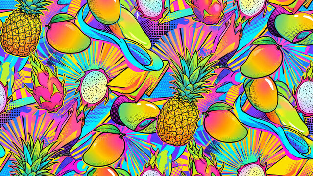 Psychedelic pop art seamless pattern background featuring vibrant tropical fruits collage