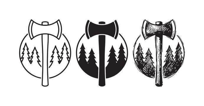 Double-bitted axe and pine trees framed in a circle, depicted as an icon set in outline, solid, and sketchy styles.