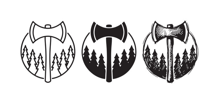 Double-bitted axe and pine trees framed in a circle, depicted as an icon set in outline, solid, and sketchy styles.