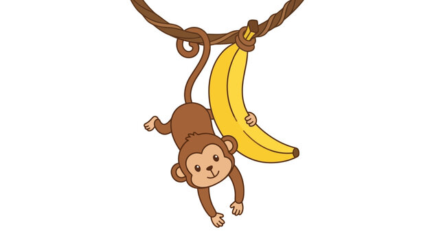 A cartoon monkey hangs upside down from a rope eating a banana.