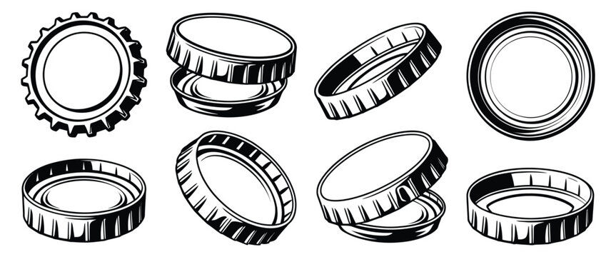 Bottle cap set elements with monochrome beer and soda cap shapes, vintage badge outline, retro emblem for label, packaging, branding