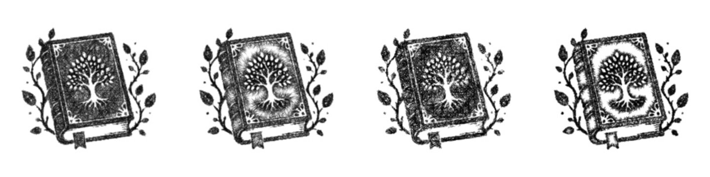 Monochrome sketch nature spell book icon design set