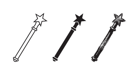 Set of three magic wands with star-shaped tips, presented in outline, solid black, and hand-drawn sketch variations. © KirST