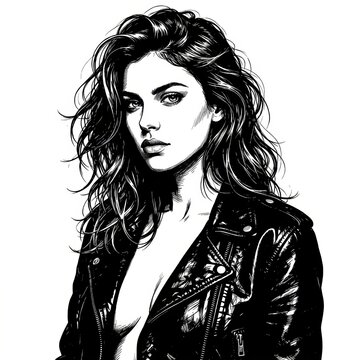 Black and White Scratchboard Illustration of Confident Woman in Glossy Leather Jacket &ndash; Editorial Fashion Portrait
