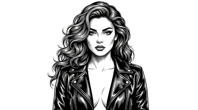 Black and White Scratchboard Illustration of Confident Woman in Glossy Leather Jacket &ndash; Editorial Fashion Portrait