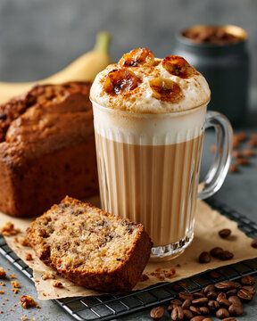 Delightful still life of coffee and banana bread in a cozy home caf? setting