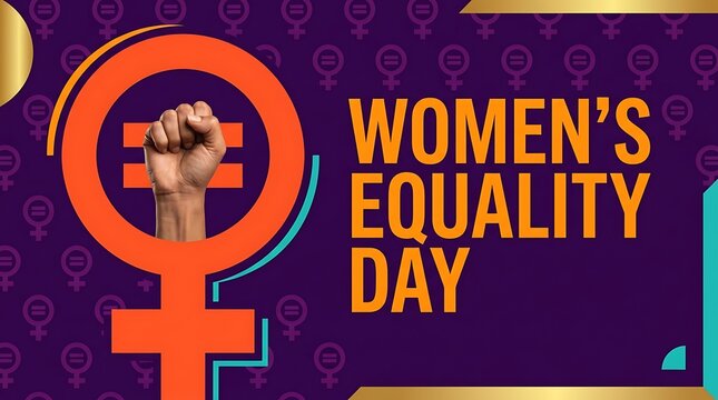 Women's equality day banner with raised fist and gender symbol on purple background equality feminism strength activism