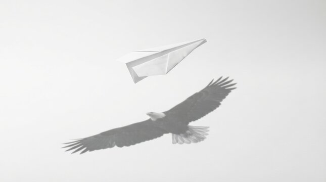 Paper airplane casting a soaring eagle shadow on a white background for conceptual poster and creative background design
